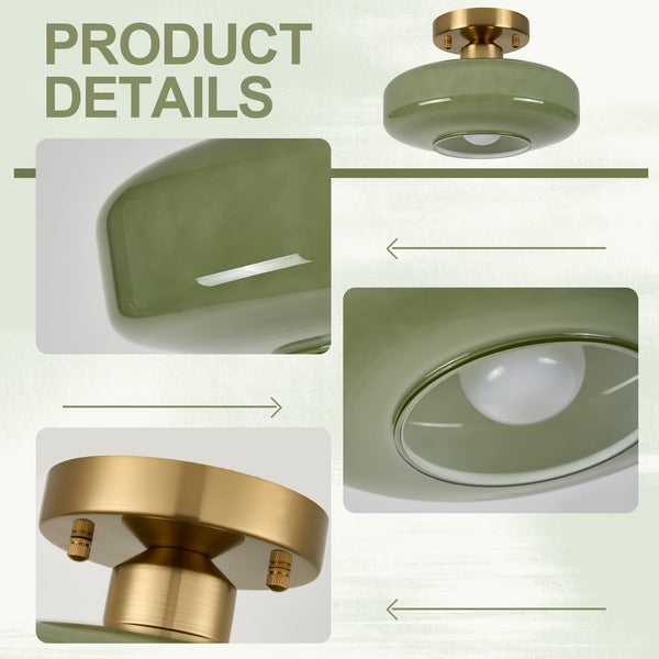Semi Flush Mount Ceiling Light – Olive Green Milk Glass Shade