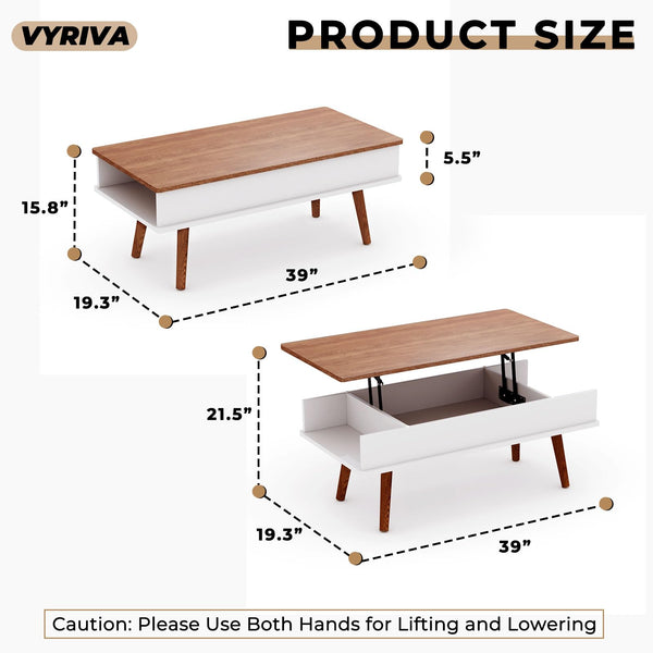 VYRIVA Lift Top Coffee Table, One Minute No Assembly Required Rising Tabletop Center Table with Large Hidden Storage Compartment, Open Shelf, Anti-Pinch Design Mute for Living Room (Walnut)