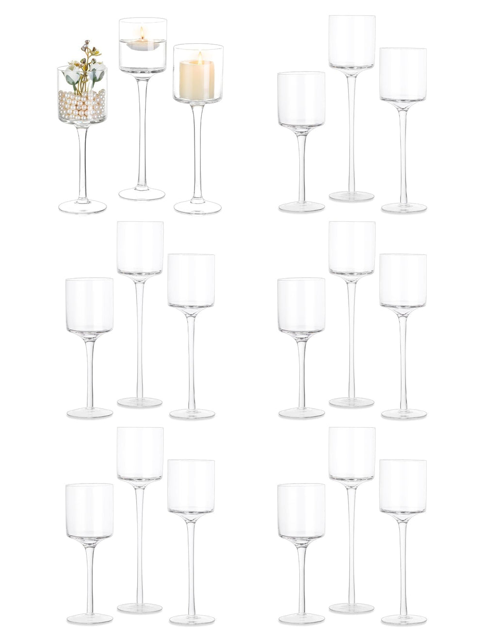 Glass Candle Holders Set – Clear Long Stem Tall Holders for Table Centerpieces