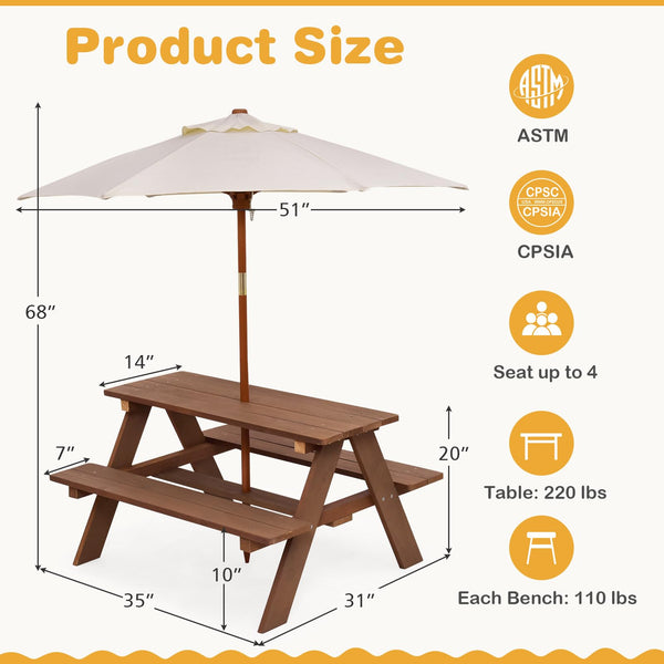 Kids Outdoor Wooden Picnic Table Set with Umbrella