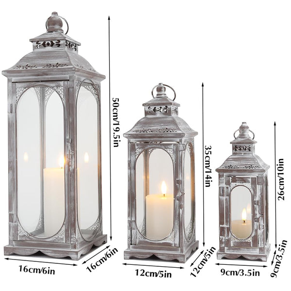 Set of 3 Vintage Metal Candle Lanterns with Tempered Glass – 10"/14"/19.5"H