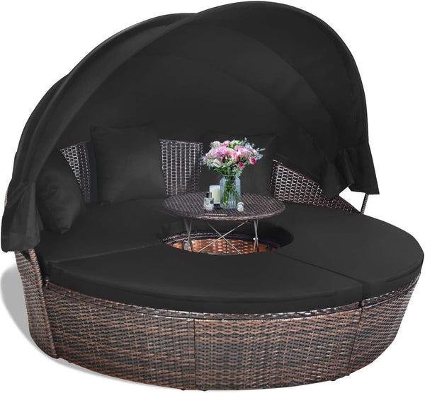 Outdoor Round Rattan Daybed with Retractable Canopy & Adjustable Coffee Table
