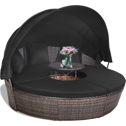 Outdoor Round Rattan Daybed with Retractable Canopy & Adjustable Coffee Table