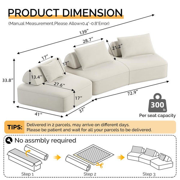 Oversized Modular Sectional Sofa with Removable Backrests & Deep Seat