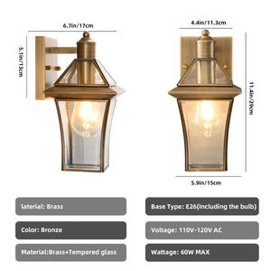 Brass Outdoor Wall Lanterns 2-Pack – Waterproof Glass Shade Sconces for Porch, Front Door & Entryway