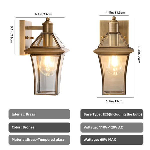 Brass Outdoor Wall Lanterns 2-Pack – Waterproof Glass Shade Sconces for Porch, Front Door & Entryway
