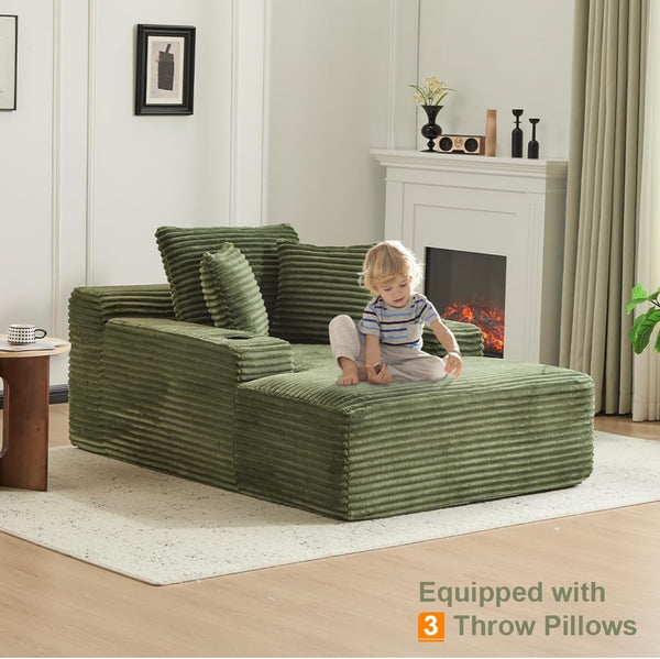 Oversized Corduroy Chaise Lounge Sofa Chair with Pillows & Cup Holders