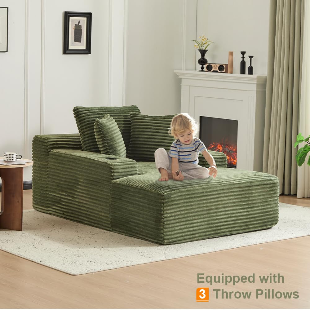 Oversized Corduroy Chaise Lounge Sofa Chair with Pillows & Cup Holders