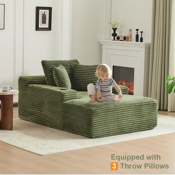 Oversized Corduroy Chaise Lounge Sofa Chair with Pillows & Cup Holders