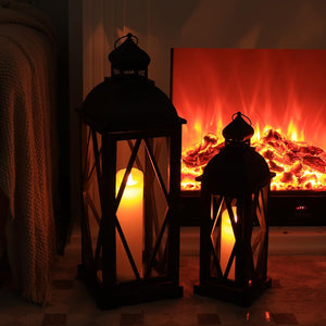Large Farmhouse Wooden Metal Lantern Set of 2 - Rustic Indoor Outdoor Hanging Candle Lanterns