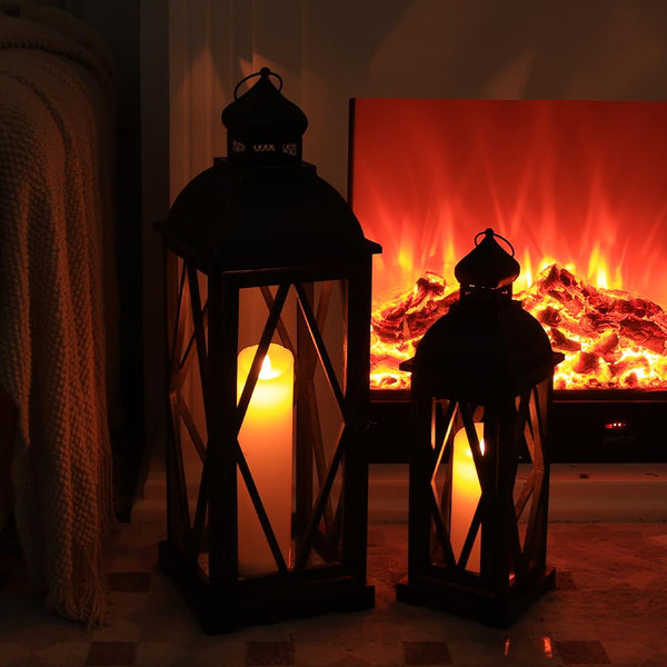 Large Farmhouse Wooden Metal Lantern Set of 2 - Rustic Indoor Outdoor Hanging Candle Lanterns