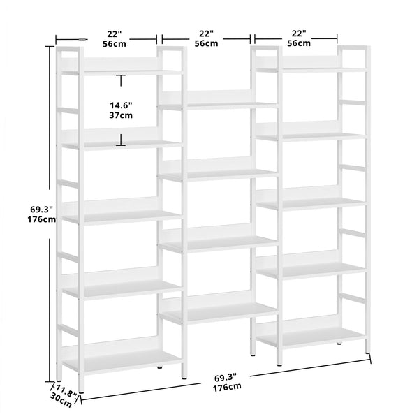 Triple Wide 5-Tier Industrial Bookshelf with Metal Frame