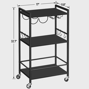 3-Tier Rolling Bar Cart with Wine Rack & Glass Holder