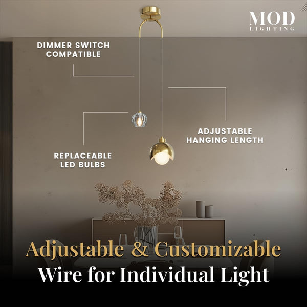 Gold Crystal Modern Pendant Light – Dimmable LED, Adjustable Hanging