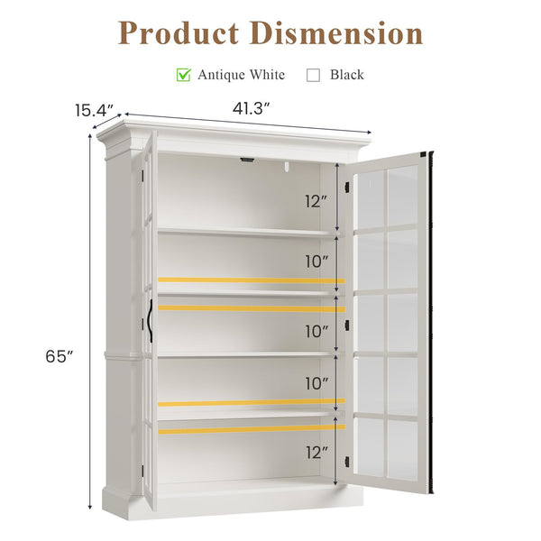 65" Glass Door Display Cabinet – 5-Tier Bookcase with Adjustable Shelves