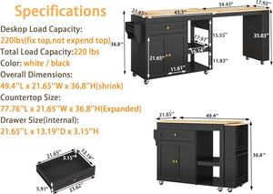 Extendable Rolling Kitchen Island with Dining Table