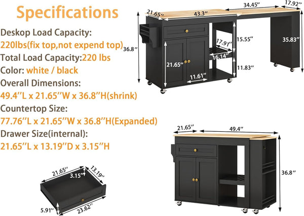 Extendable Rolling Kitchen Island with Dining Table
