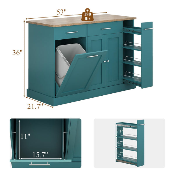 53" Rolling Kitchen Island with Trash Can Storage & Spice Rack