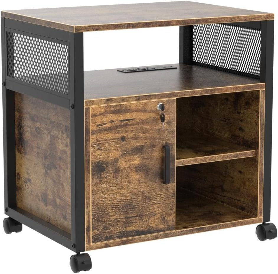 Rolling File Cabinet with Power Outlets, Locking Door & Open Shelves