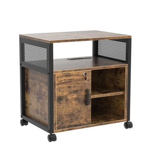 Rolling File Cabinet with Power Outlets, Locking Door & Open Shelves