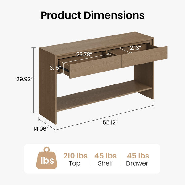 55-Inch Console Table with 2 Drawers & Open Shelf
