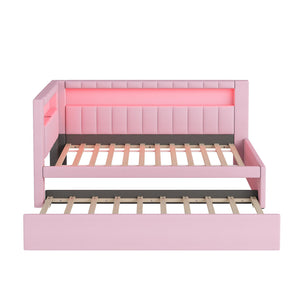 L-Shaped Upholstered Daybed with Trundle, USB Ports & LED Lighting