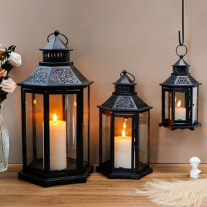 Set of 3 Hexagonal Vintage Metal Candle Lanterns with Tempered Glass