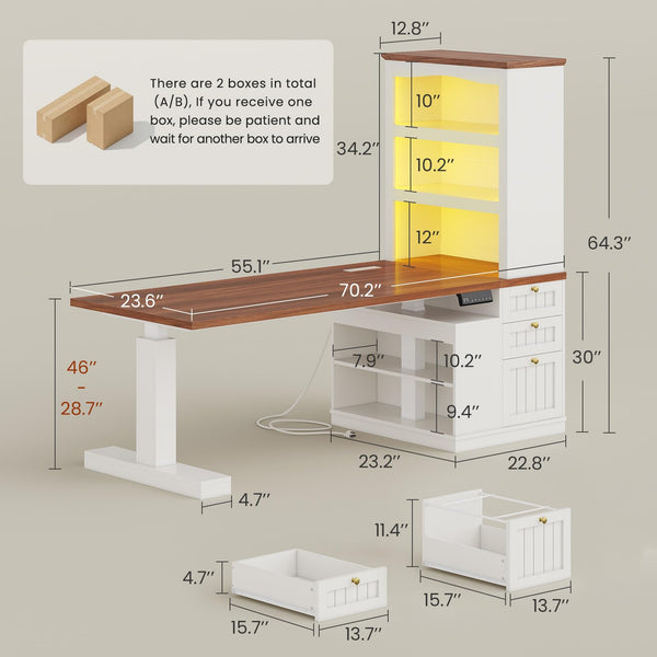 Electric Standing Desk with Bookcase, Drawers & Power Outlets