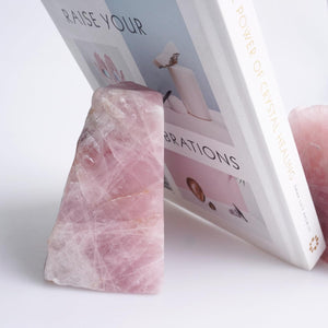 Natural Rose Quartz Bookends with Anti-Slip Rubber Feet – Raw & Polished Crystal Pair