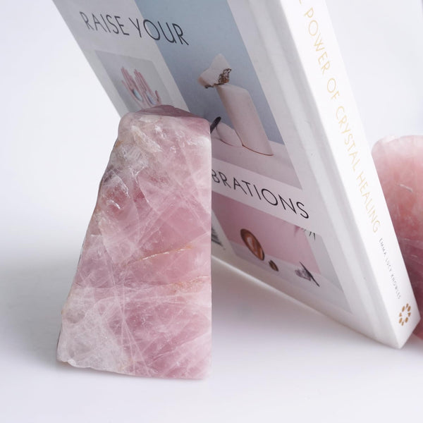 Natural Rose Quartz Bookends with Anti-Slip Rubber Feet – Raw & Polished Crystal Pair