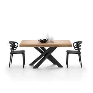 Extendable Dining Table, Rustic Oak with Black Crossed Legs, Seats 6–10