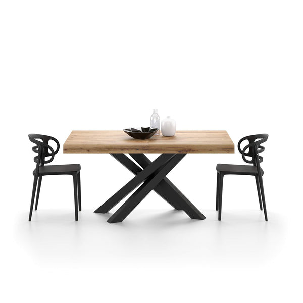 Extendable Dining Table, Rustic Oak with Black Crossed Legs, Seats 6–10