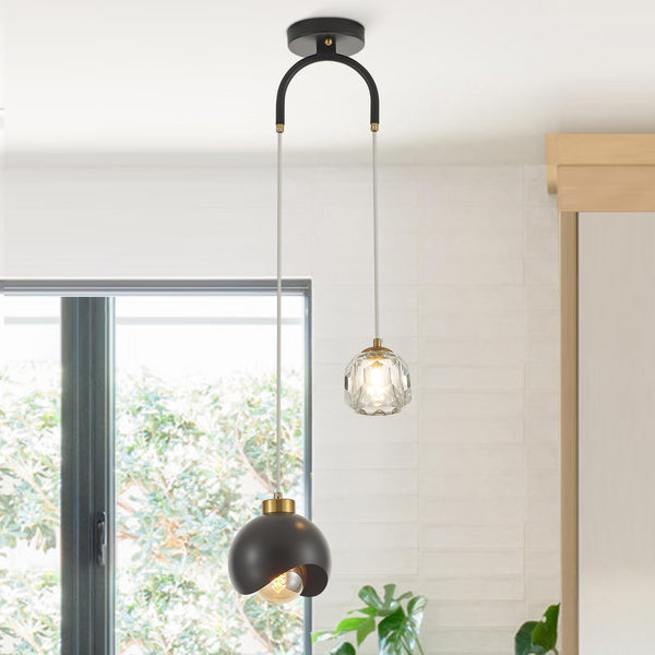 2-Light Crystal Pendant Light with Globe Metal Shade