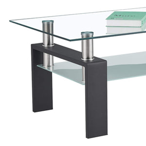 Rectangle Glass Coffee Table with Lower Shelf & Black Metal Legs