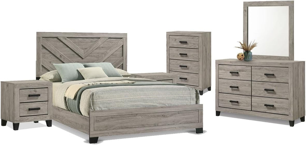 Farmhouse 6-Piece Queen Bedroom Set with Bed Frame, Dresser, Mirror, Chest & 2 Nightstands