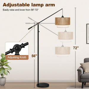 Dimmable Boho Floor Lamp with Rattan & Fabric Shades