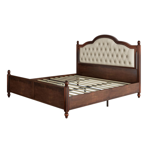 King Size Solid Wood Platform Bed with Upholstered Headboard – Walnut