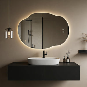 LED Backlit Bathroom Vanity Mirror – Irregular Asymmetrical Design, Anti-Fog, Dimmable 3-Color Lighting