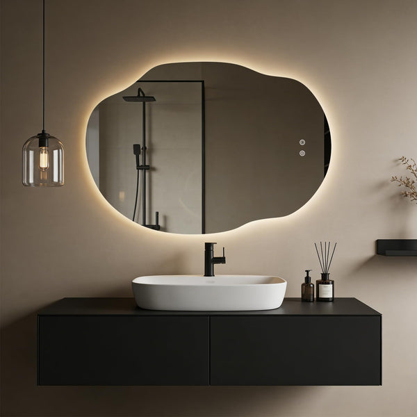 LED Backlit Bathroom Vanity Mirror – Irregular Asymmetrical Design, Anti-Fog, Dimmable 3-Color Lighting