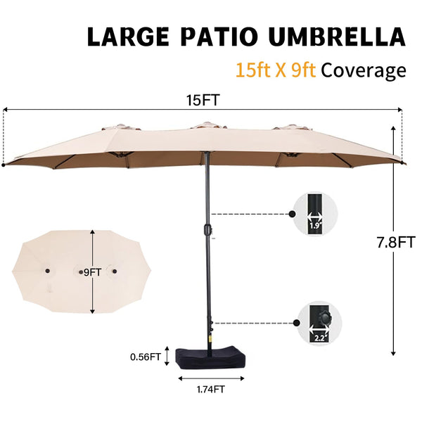 15ft Double-Sided Rectangular Patio Umbrella with Base & Stand