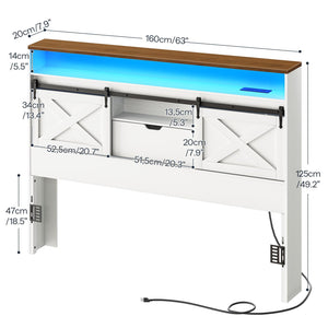 Queen Size Headboard with Storage, LED Lights & Charging Station