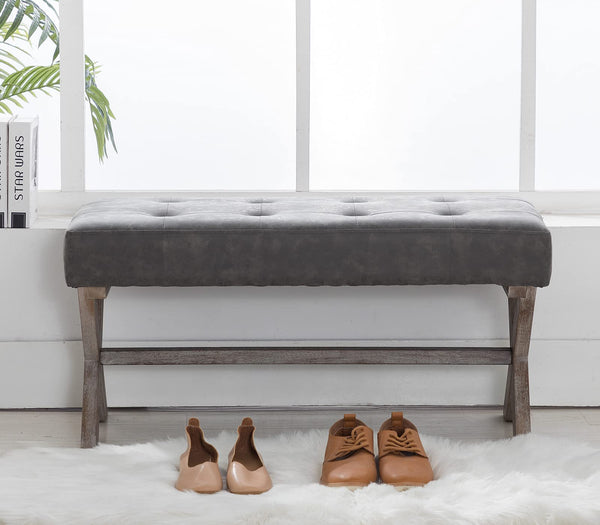 PU Leather Upholstered Entryway Bench with X-Shaped Wood Legs