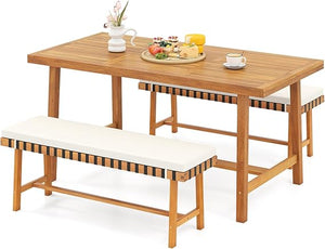 6-Piece Acacia Wood Outdoor Dining Set with Umbrella Hole, Bench & 4 Cushioned Armchairs