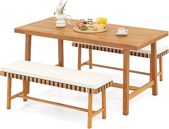 6-Piece Acacia Wood Outdoor Dining Set with Umbrella Hole, Bench & 4 Cushioned Armchairs