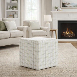 19" Square Upholstered Cube Ottoman – Wood Frame, Plaid Fabric
