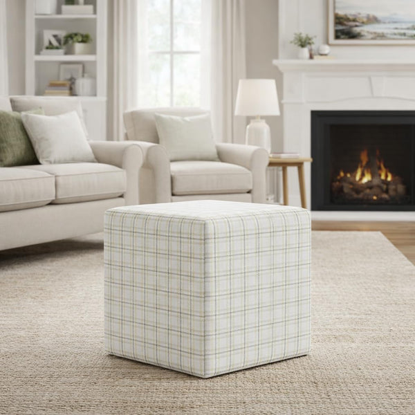 19" Square Upholstered Cube Ottoman – Wood Frame, Plaid Fabric