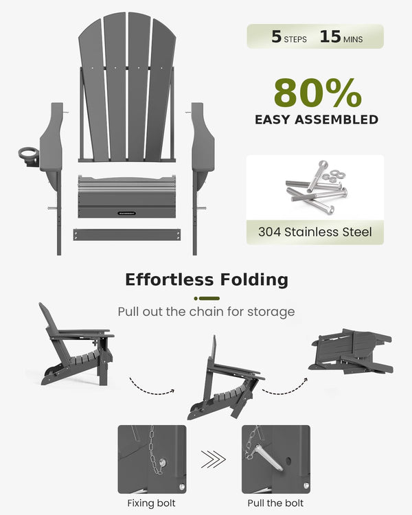 Folding Adirondack Chair – HDPE, Foldable, 380 lb Capacity