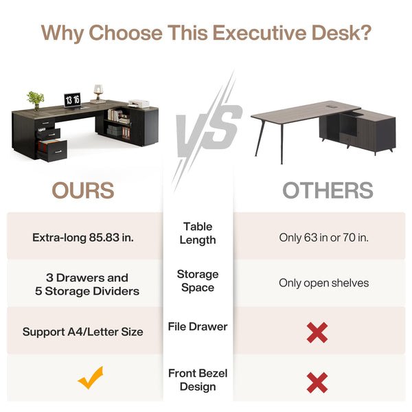 L-Shaped Executive Office Desk with File Drawers & Storage Cabinet