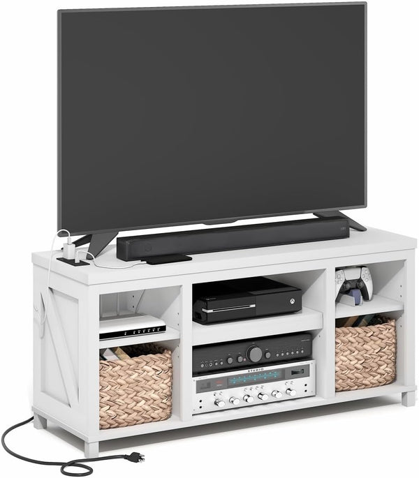 3-Tier Farmhouse TV Stand with USB Ports & Power Outlets