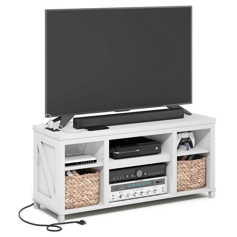 3-Tier Farmhouse TV Stand with USB Ports & Power Outlets